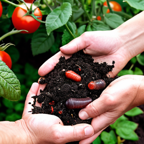 Home 14 A vibrant, thriving Polish home garden overflowing with exceptionally healthy and lush plants: abundant red tomatoes, richly colored roses, and vivid balcony flowers. In the foreground, a gardener's hands hold a handful of dark, rich 'black gold' vermicompost, subtly showing active earthworms within. The image captures the magical transformation of kitchen waste into a powerful natural fertilizer, conveying a sense of abundance, satisfaction, and ecological harmony in a domestic setting.