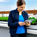 A tech-savvy individual, fully clothed in modest casual wear, observing a sleek, compact vermicomposter on a modern urban balcony filled with vibrant potted plants. A tablet displays data related to the compost's conditions, showcasing technological innovation in a clean, contemporary setting. The scene is bright and clean, emphasizing modern sustainability. Perfect anatomy, correct proportions, natural pose, well-formed hands, proper finger count, natural body proportions. Safe for work, appropriate content, fully clothed, professional, family-friendly.